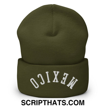 Upside Down Mexico Embroidered Cuffed Knit Beanie Olive