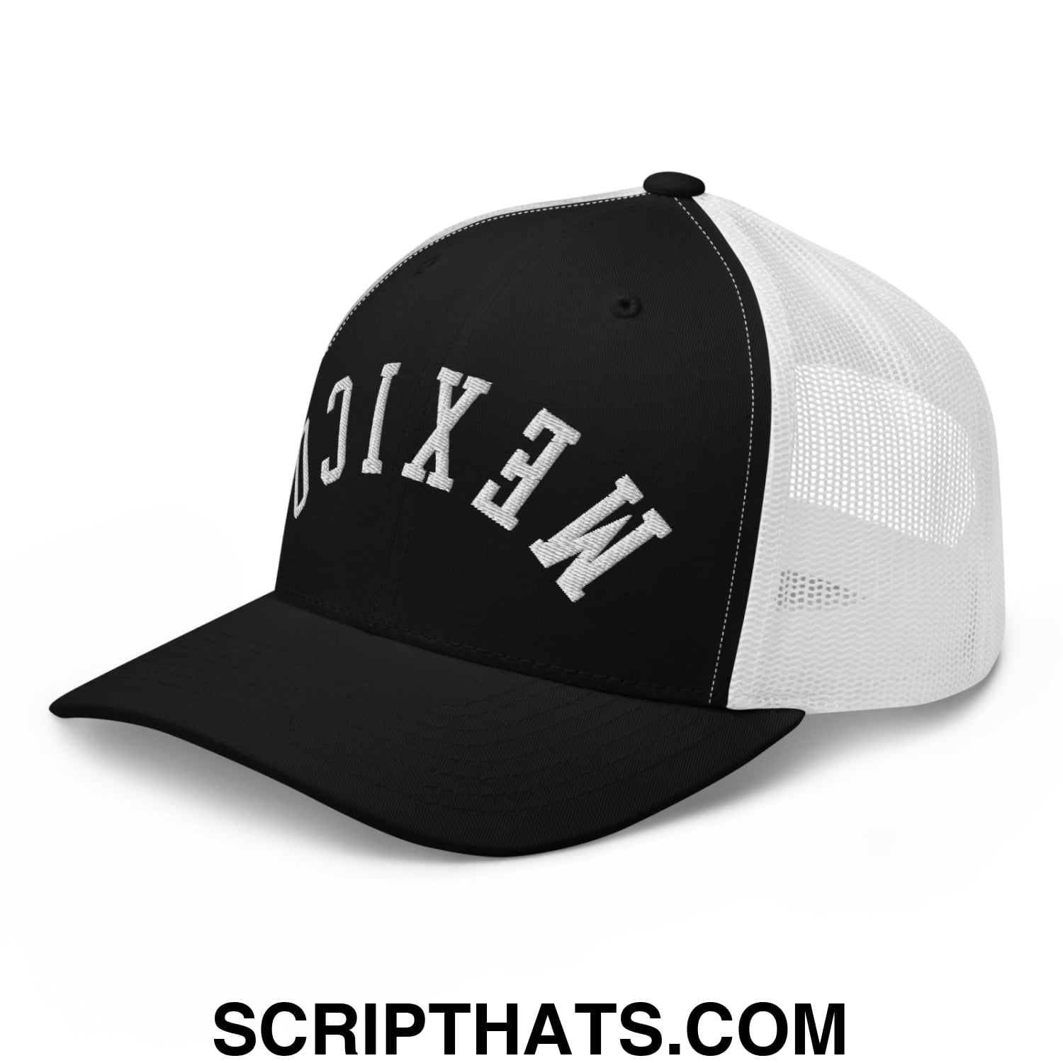 Upside Down Mexico Embroidered Mesh Trucker Hat Black White