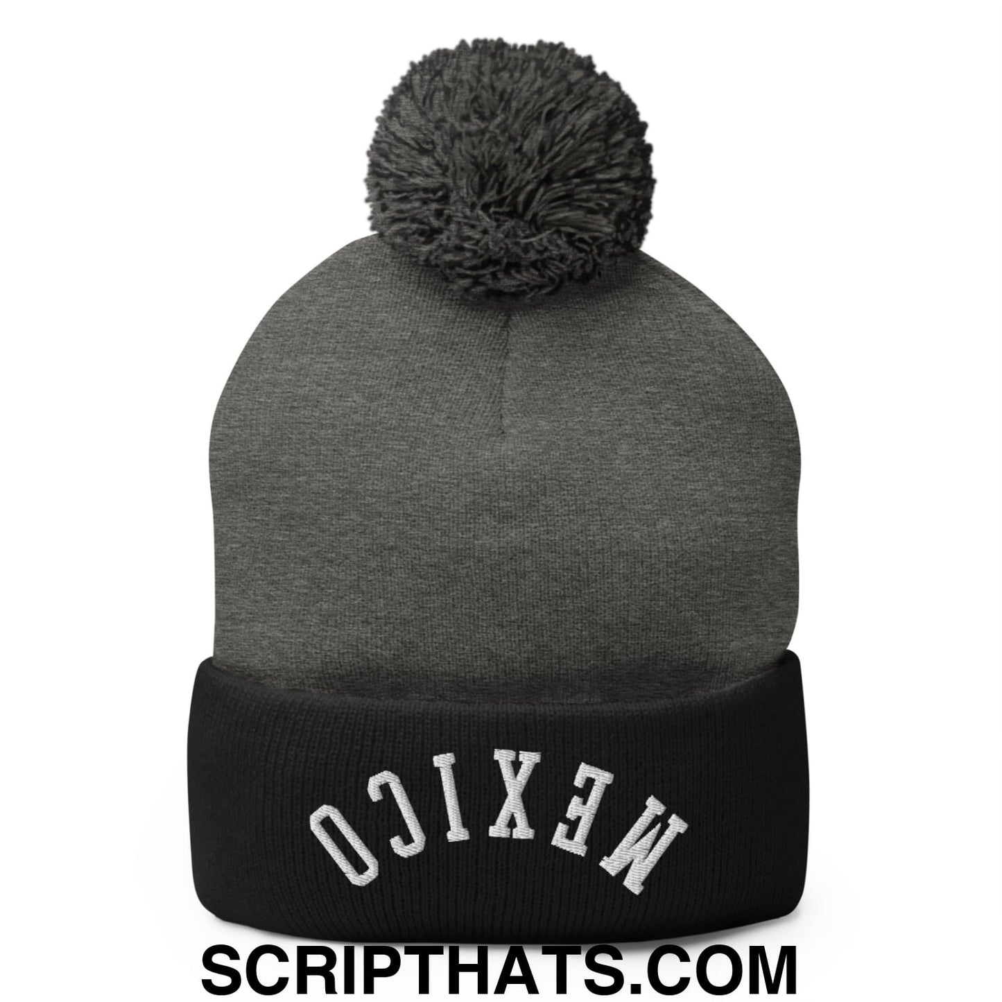 Upside Down Mexico Embroidered Pom Pom Knit Beanie Dark Heather Grey Black