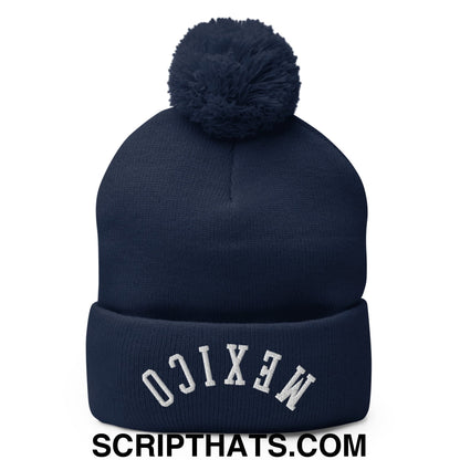 Upside Down Mexico Embroidered Pom Pom Knit Beanie Navy