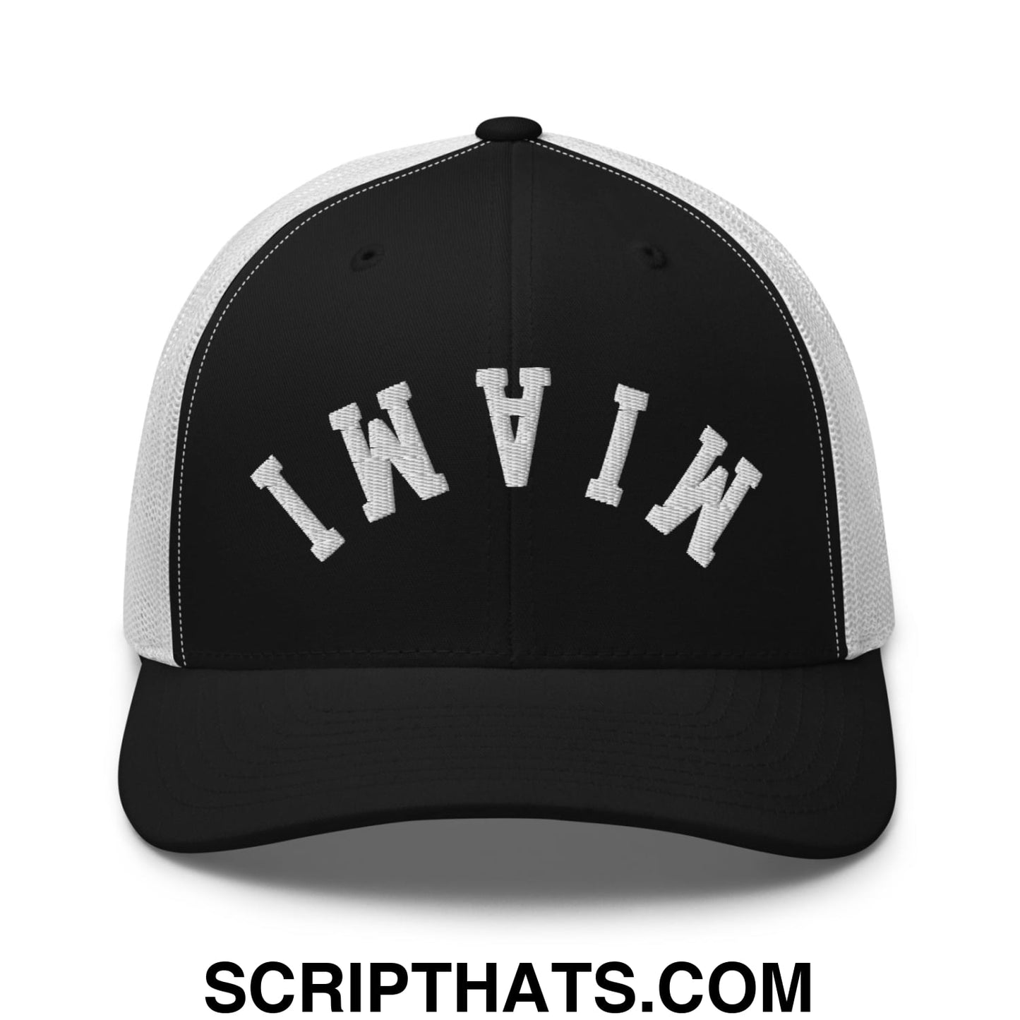 Upside Down Miami Embroidered Mesh Trucker Hat Black White
