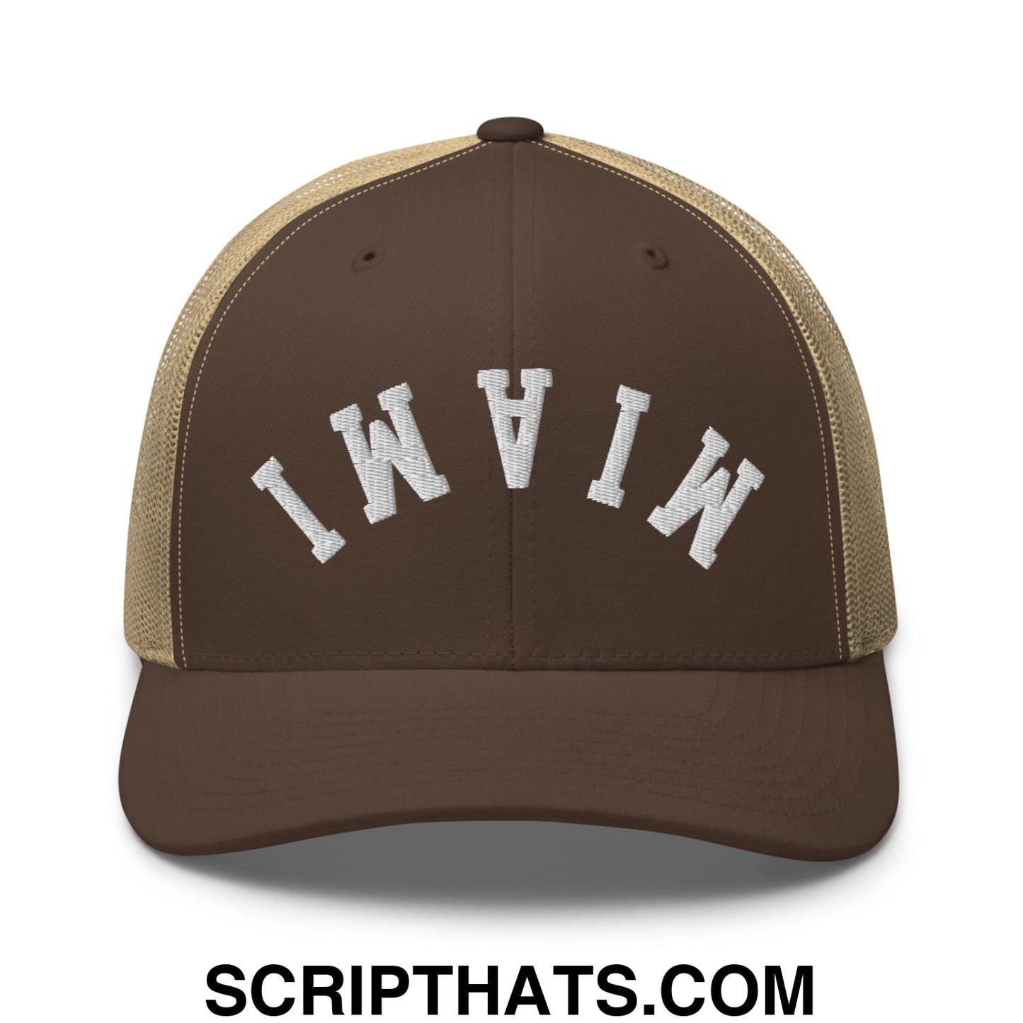 Upside Down Miami Embroidered Mesh Trucker Hat Brown Khaki