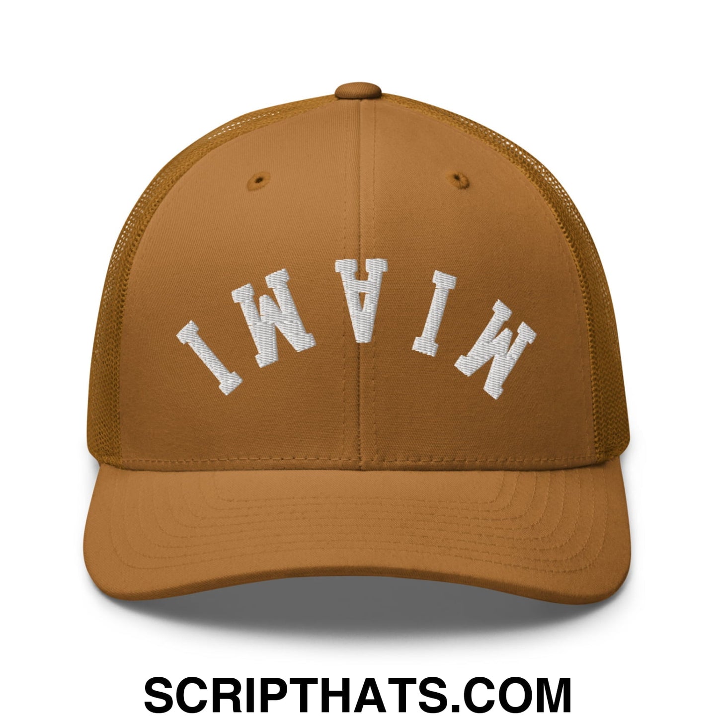 Upside Down Miami Embroidered Mesh Trucker Hat Caramel