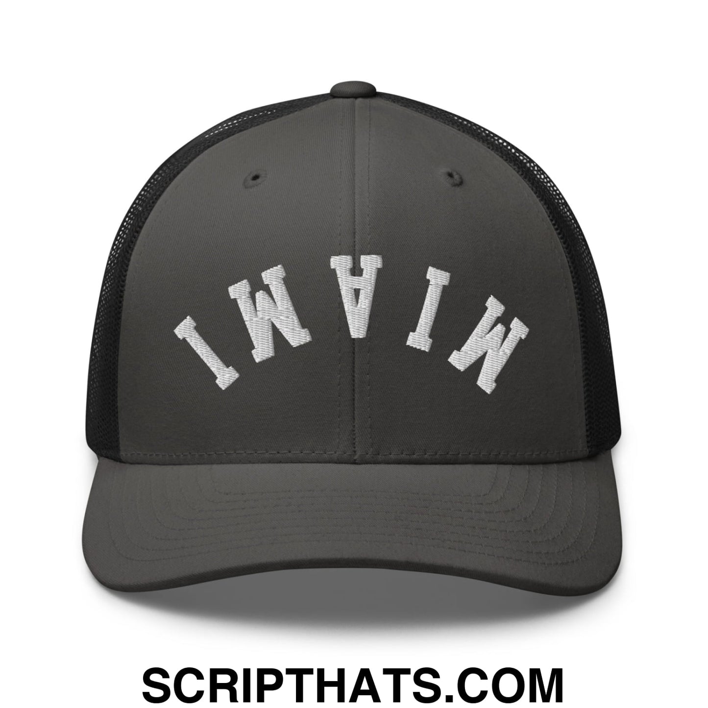 Upside Down Miami Embroidered Mesh Trucker Hat Charcoal Black