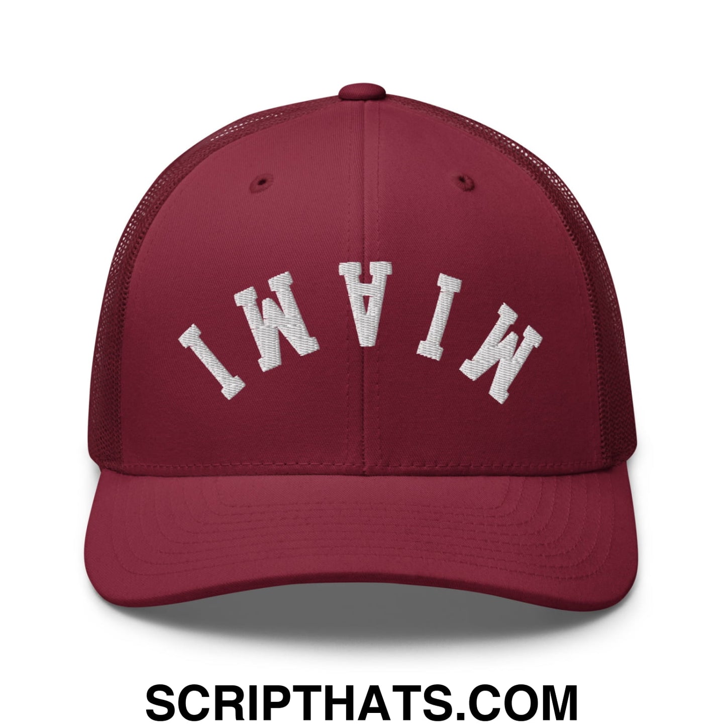 Upside Down Miami Embroidered Mesh Trucker Hat Cranberry