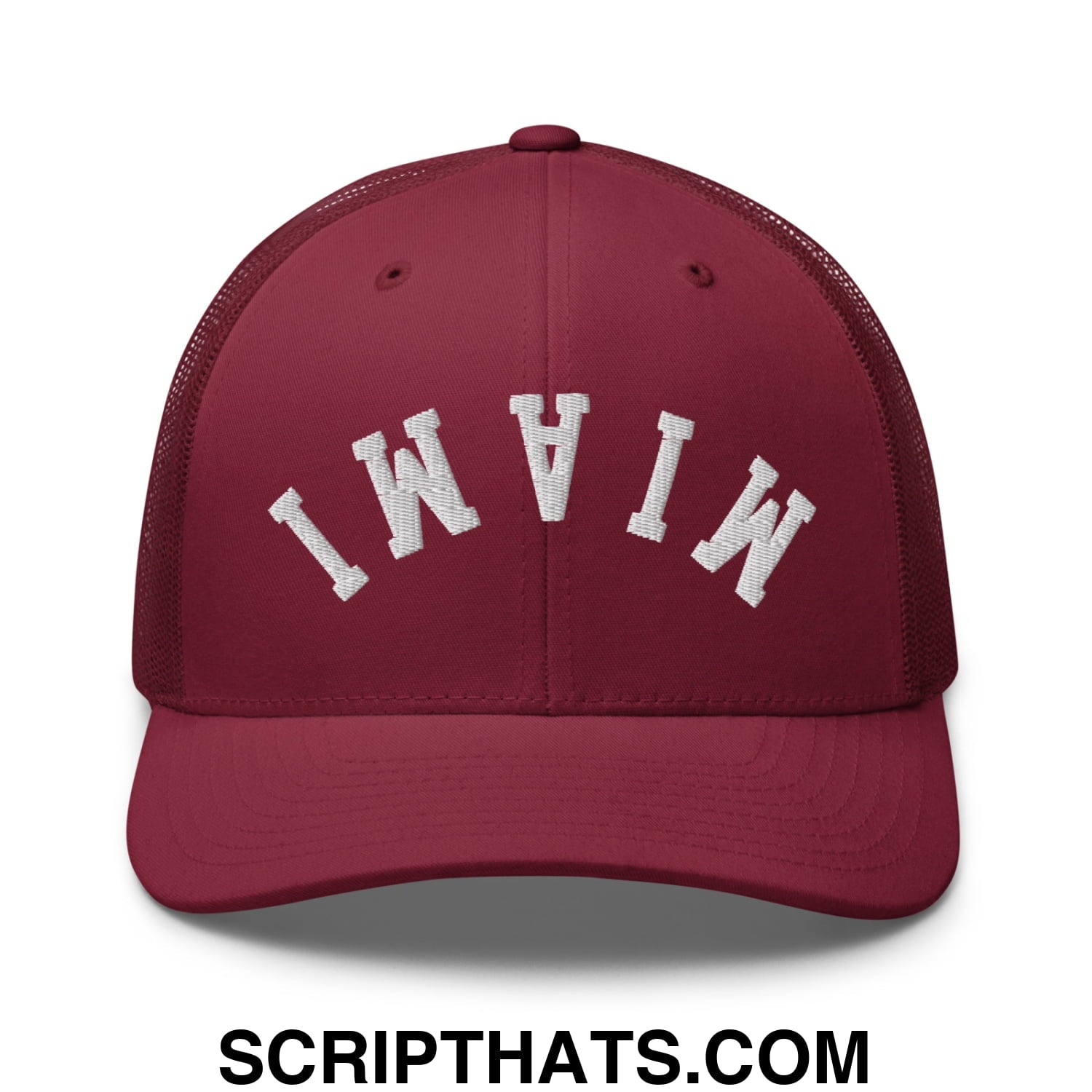Upside Down Miami Embroidered Mesh Trucker Hat Cranberry