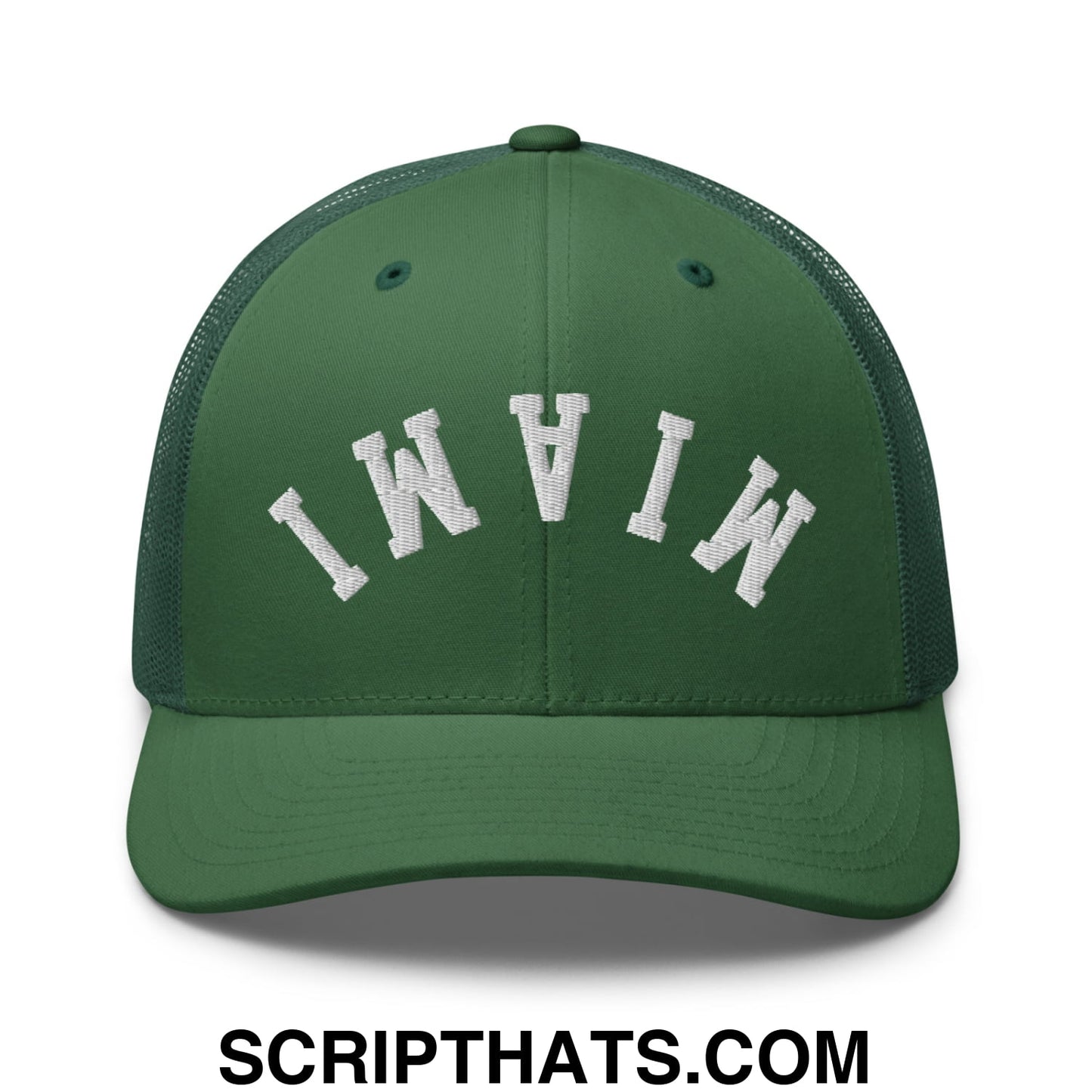 Upside Down Miami Embroidered Mesh Trucker Hat Evergreen