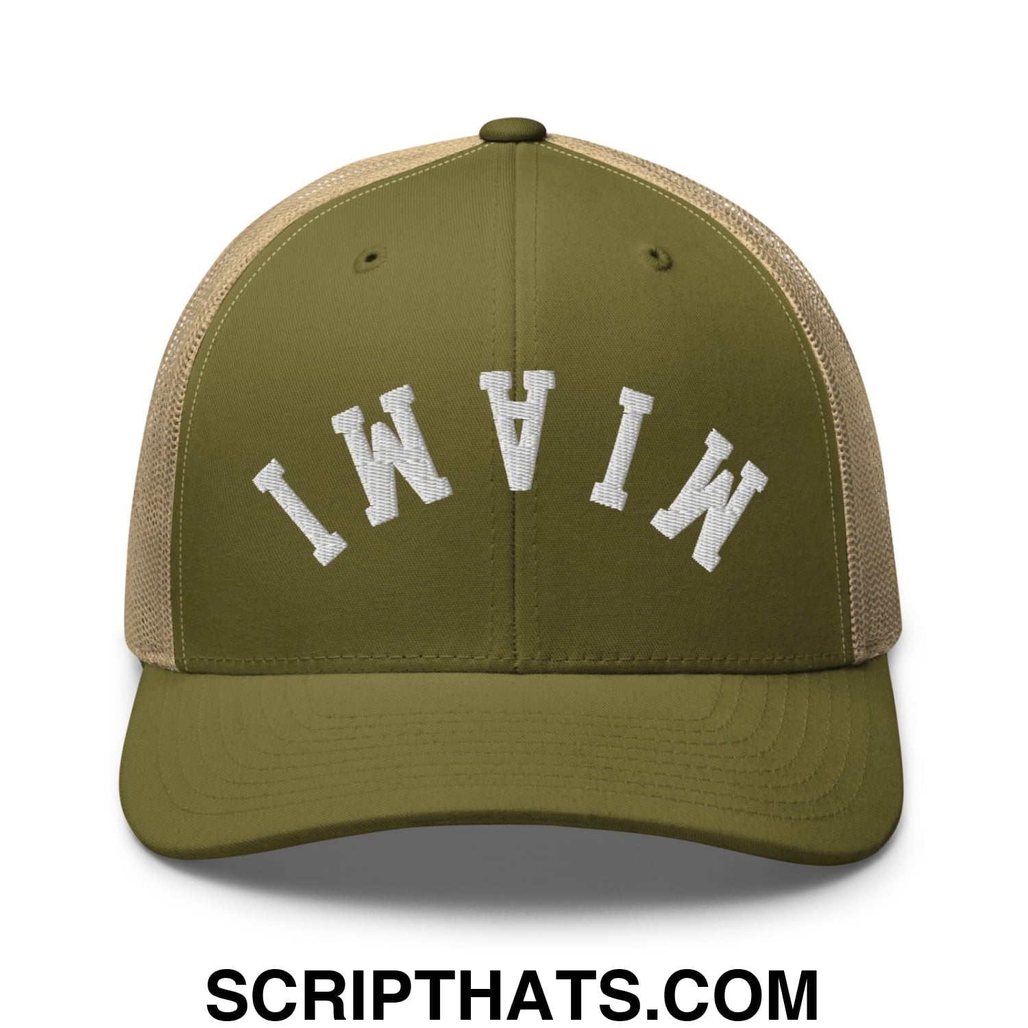 Upside Down Miami Embroidered Mesh Trucker Hat Moss Khaki