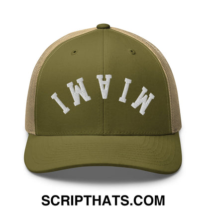 Upside Down Miami Embroidered Mesh Trucker Hat Moss Khaki