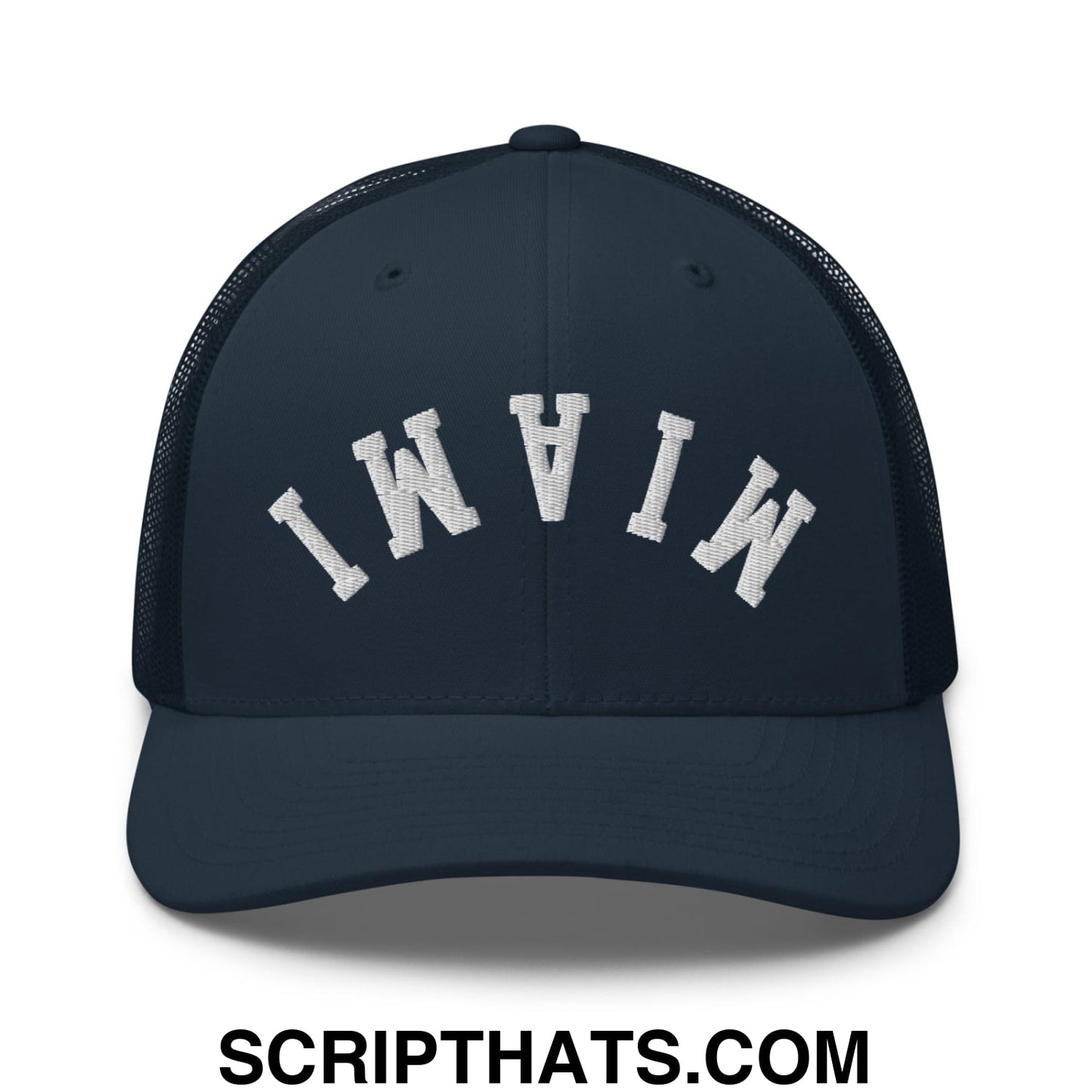 Upside Down Miami Embroidered Mesh Trucker Hat Navy