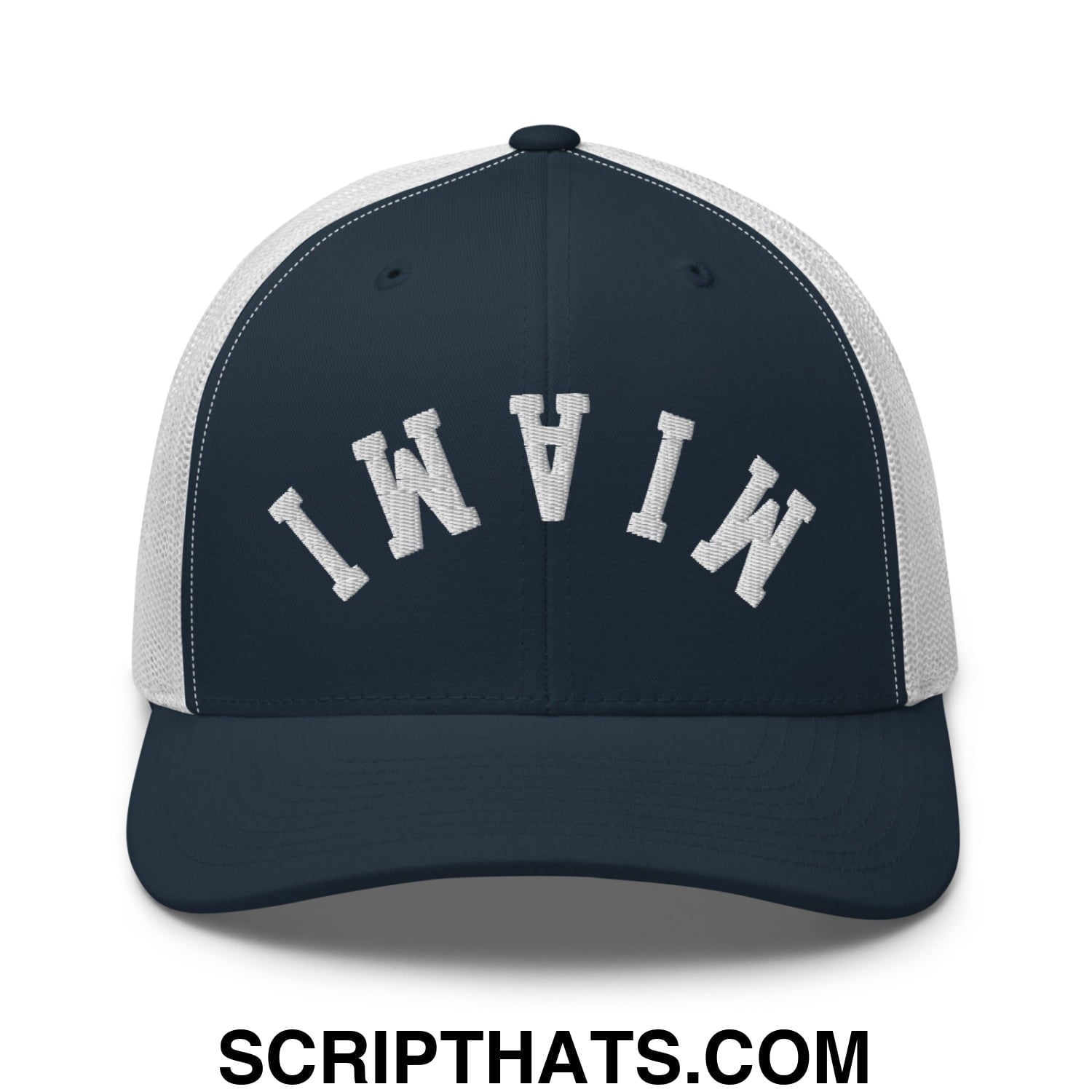Upside Down Miami Embroidered Mesh Trucker Hat Navy White