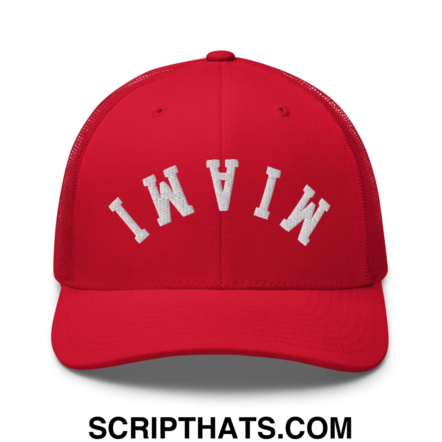 Upside Down Miami Embroidered Mesh Trucker Hat Red