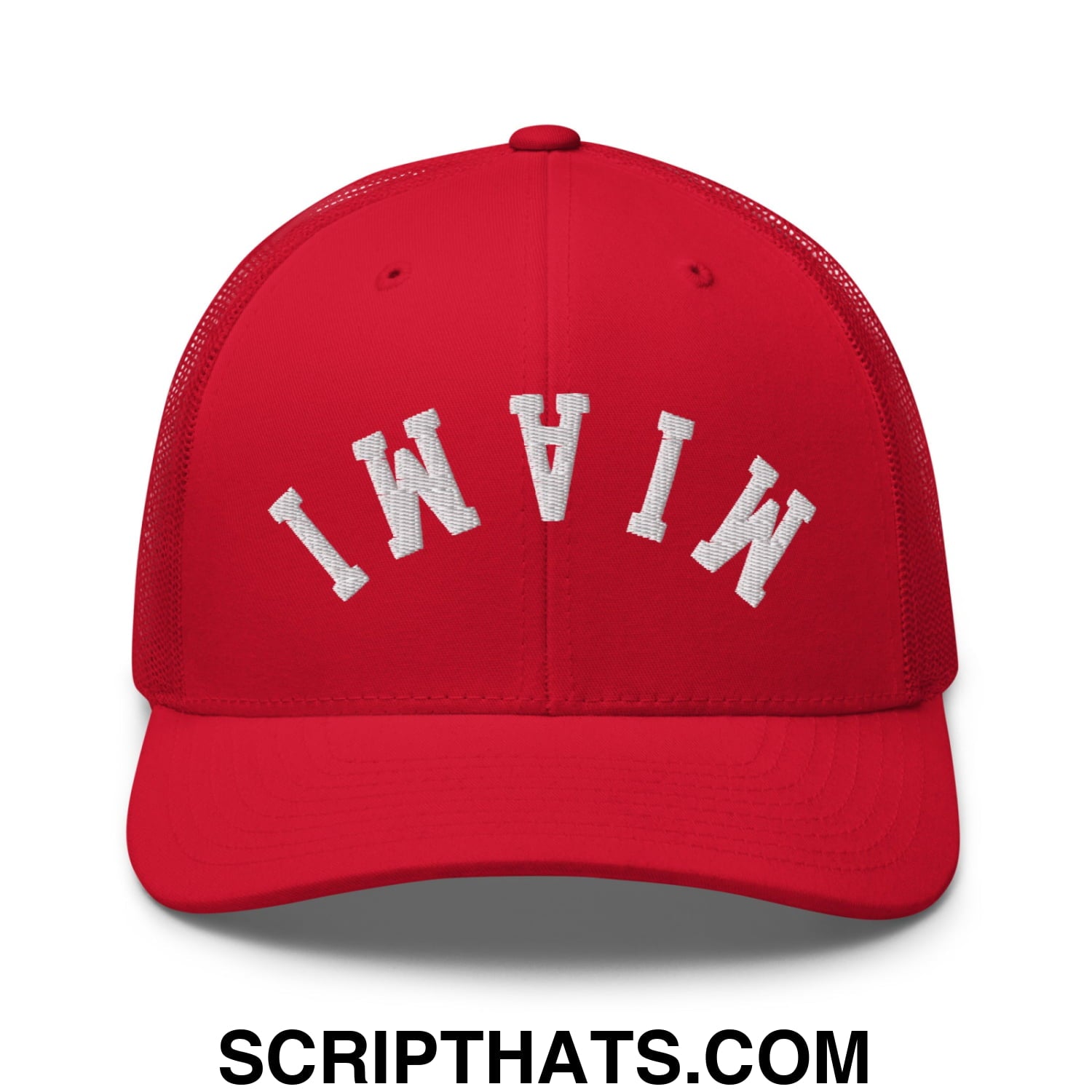 Upside Down Miami Embroidered Mesh Trucker Hat Red