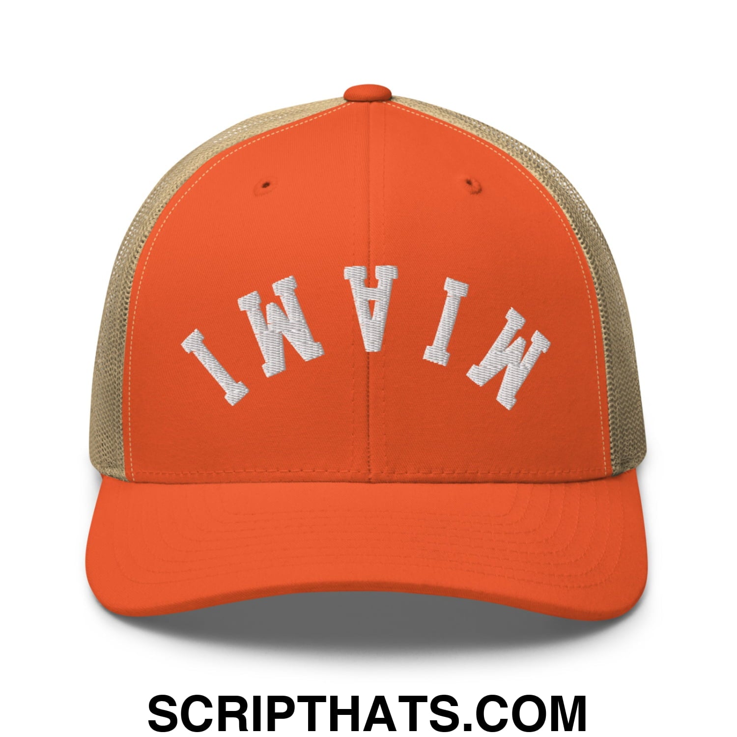 Upside Down Miami Embroidered Mesh Trucker Hat Rustic Orange Khaki