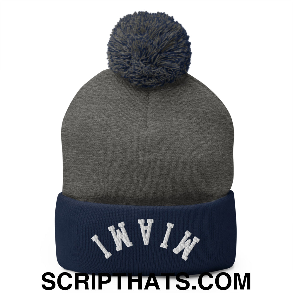 Upside Down Miami Embroidered Pom Pom Knit Beanie Dark Heather Grey Navy