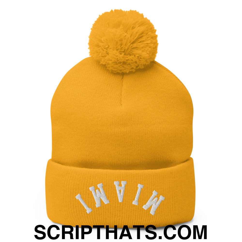 Upside Down Miami Embroidered Pom Pom Knit Beanie Gold