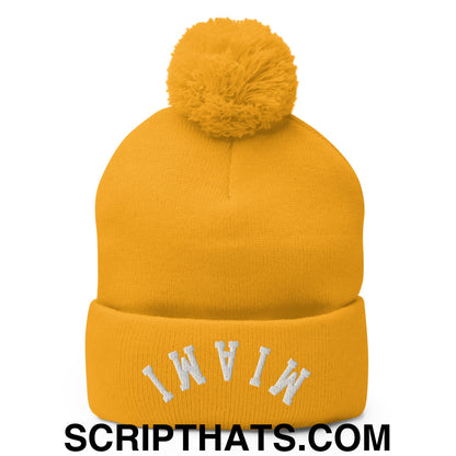 Upside Down Miami Embroidered Pom Pom Knit Beanie Gold