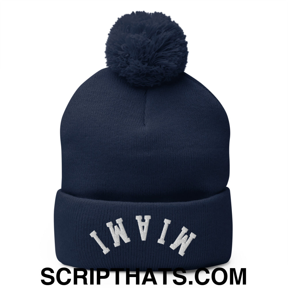 Upside Down Miami Embroidered Pom Pom Knit Beanie Navy