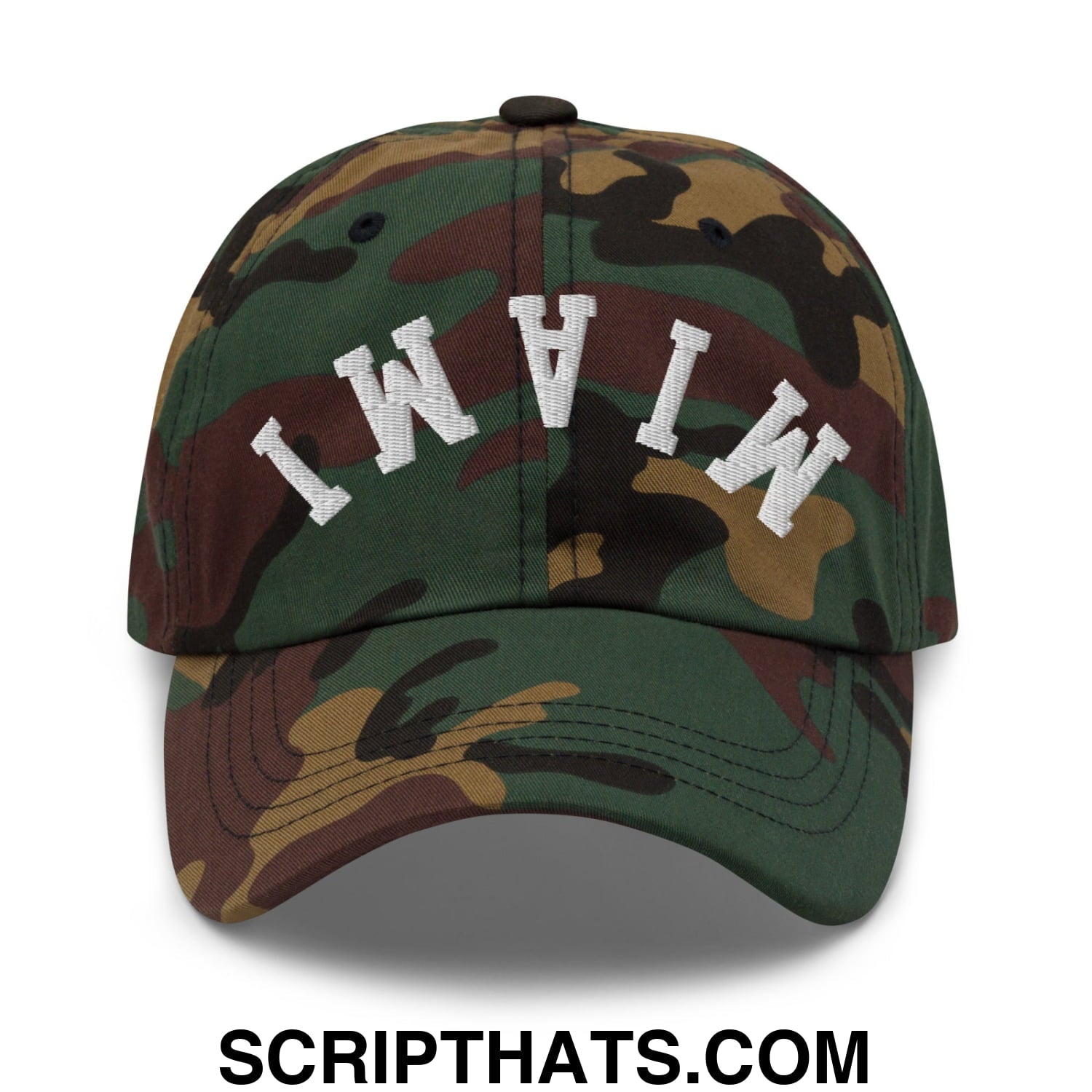 Upside Down Miami Embroidered Unstructured Dad Hat Green Camo