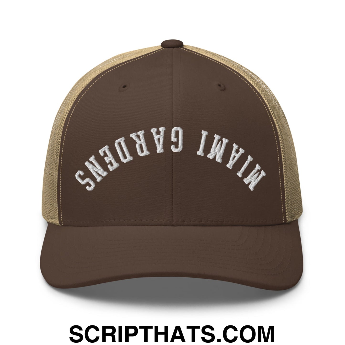 Upside Down Miami Gardens Embroidered Mesh Trucker Hat Brown Khaki