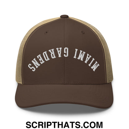 Upside Down Miami Gardens Embroidered Mesh Trucker Hat Brown Khaki