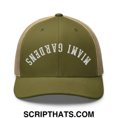 Upside Down Miami Gardens Embroidered Mesh Trucker Hat Moss Khaki