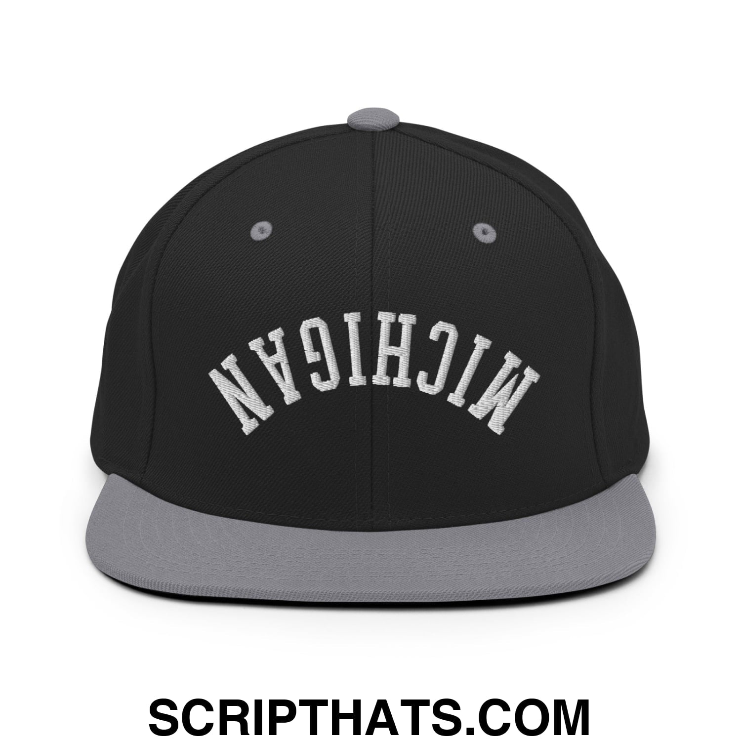 Upside Down Michigan Embroidered Flat Bill Brim Snapback Hat Black Silver