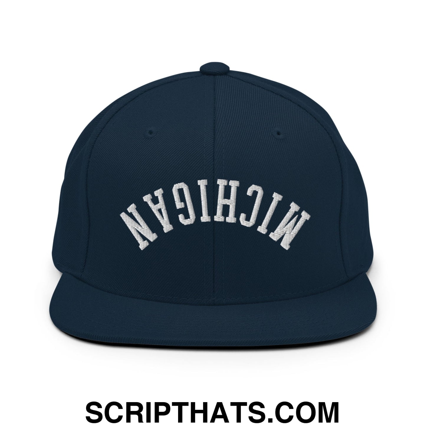 Upside Down Michigan Embroidered Flat Bill Brim Snapback Hat Dark Navy