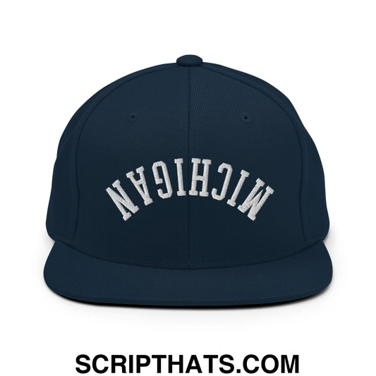 Upside Down Michigan Embroidered Flat Bill Brim Snapback Hat Dark Navy