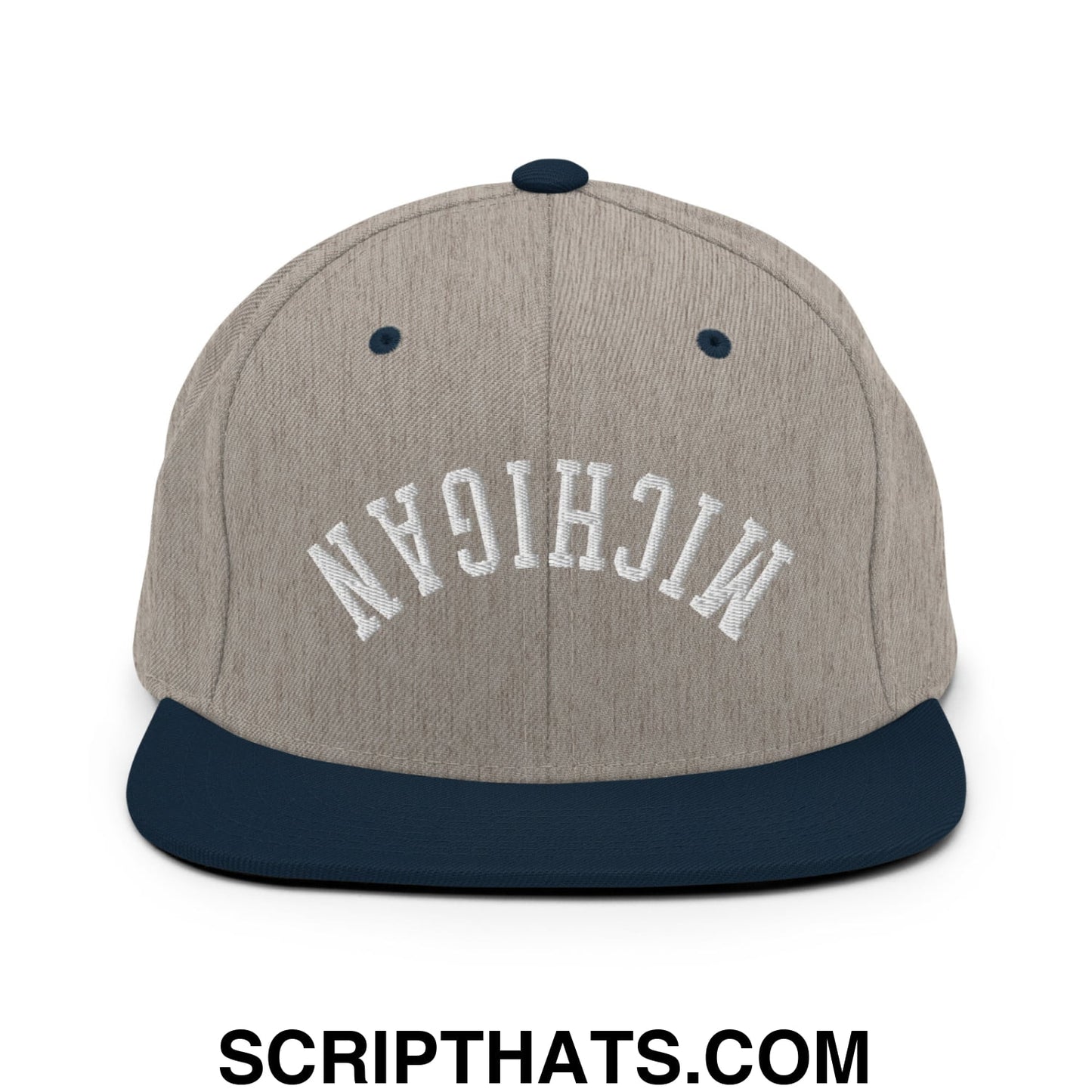 Upside Down Michigan Embroidered Flat Bill Brim Snapback Hat Heather Grey Navy