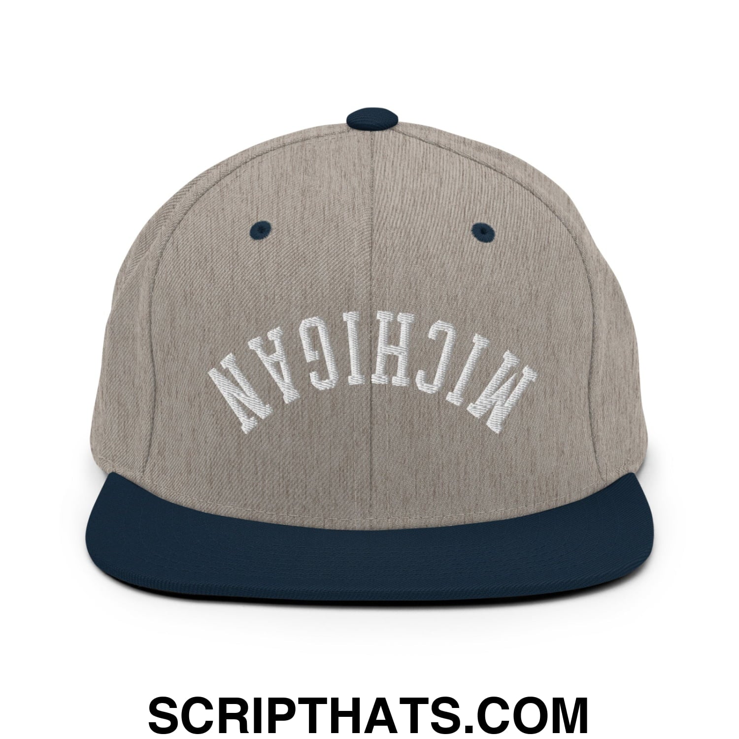 Upside Down Michigan Embroidered Flat Bill Brim Snapback Hat Heather Grey Navy