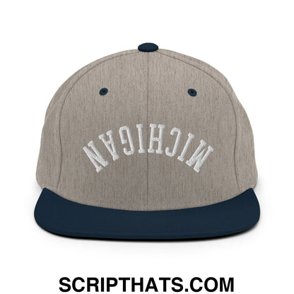 Upside Down Michigan Embroidered Flat Bill Brim Snapback Hat Heather Grey Navy