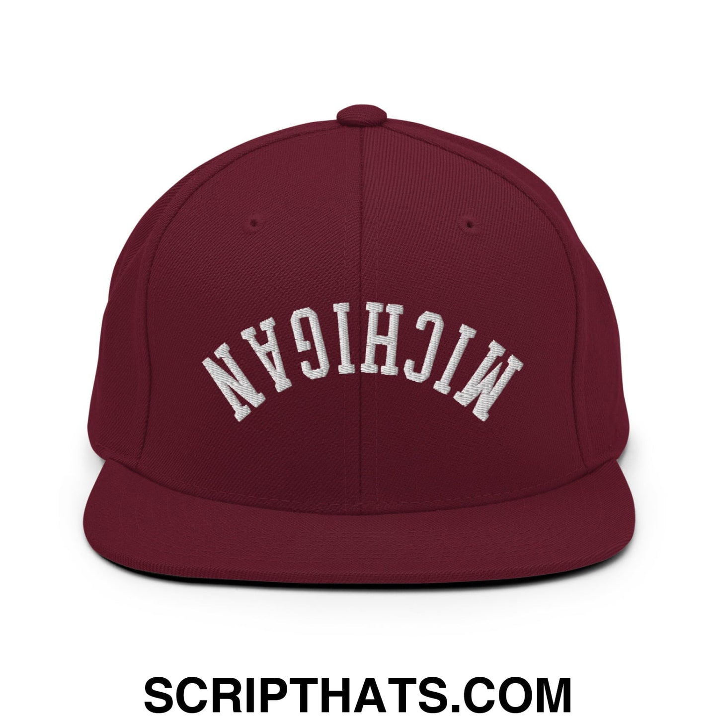 Upside Down Michigan Embroidered Flat Bill Brim Snapback Hat Maroon