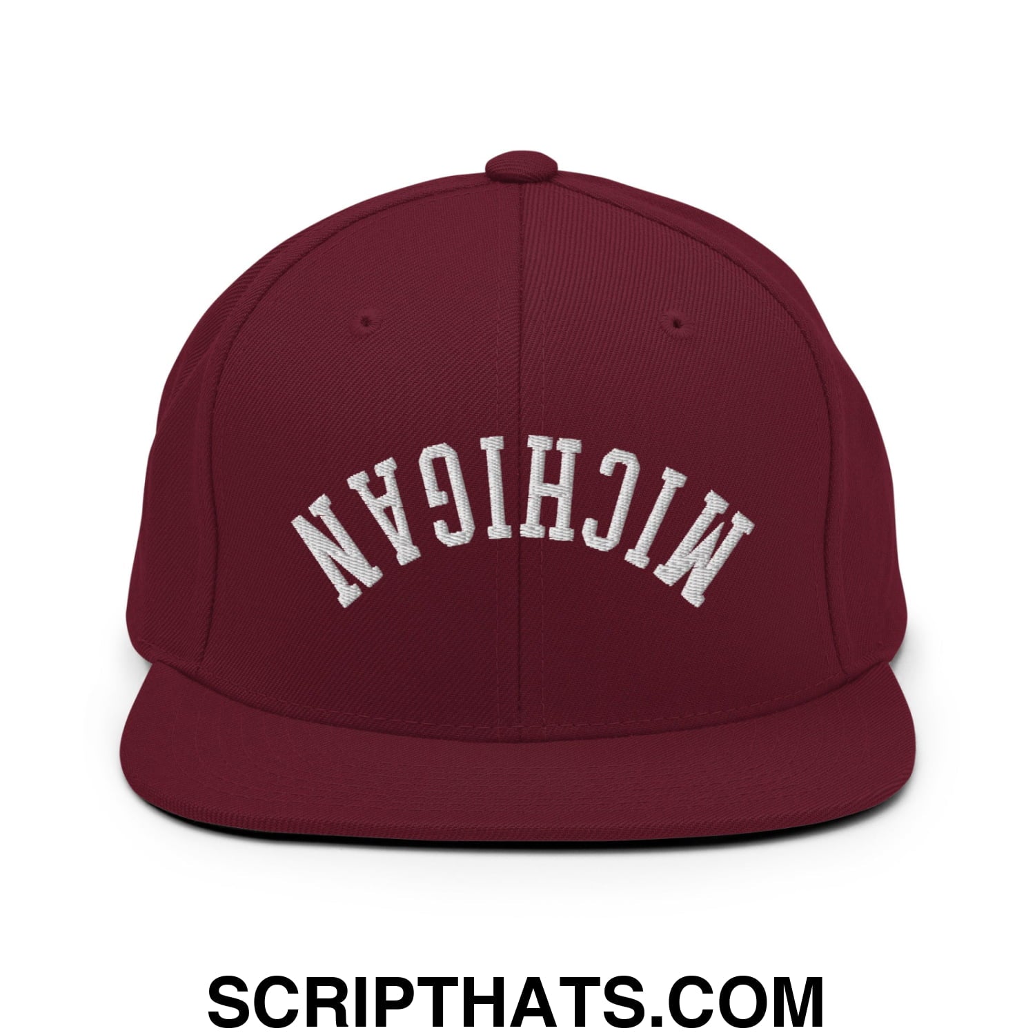 Upside Down Michigan Embroidered Flat Bill Brim Snapback Hat Maroon