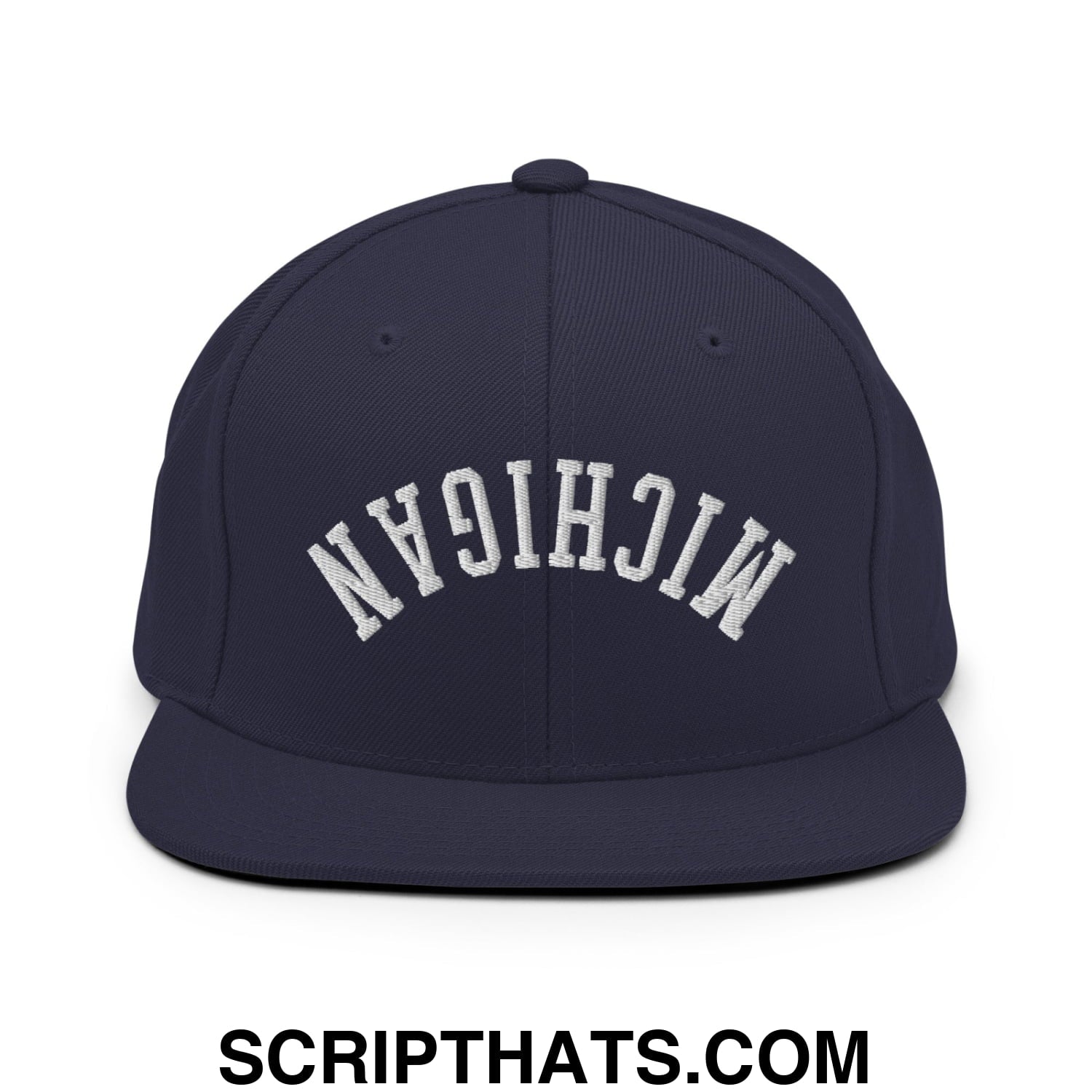 Upside Down Michigan Embroidered Flat Bill Brim Snapback Hat Navy