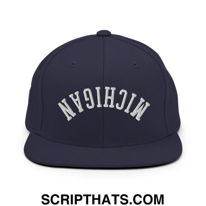 Upside Down Michigan Embroidered Flat Bill Brim Snapback Hat Navy
