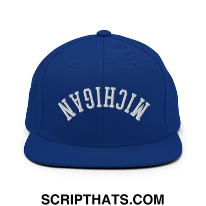 Upside Down Michigan Embroidered Flat Bill Brim Snapback Hat Royal Blue