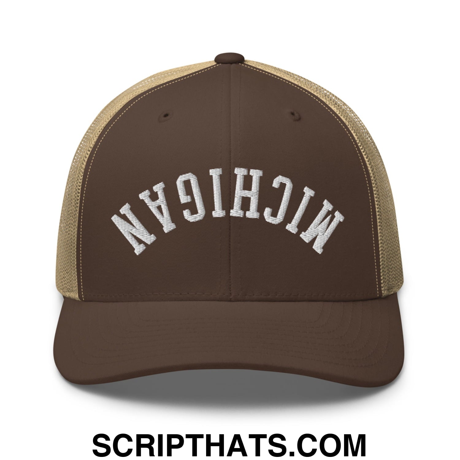 Upside Down Michigan Embroidered Mesh Trucker Hat Brown Khaki