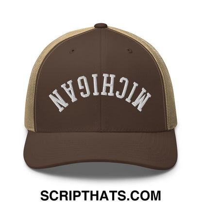 Upside Down Michigan Embroidered Mesh Trucker Hat Brown Khaki