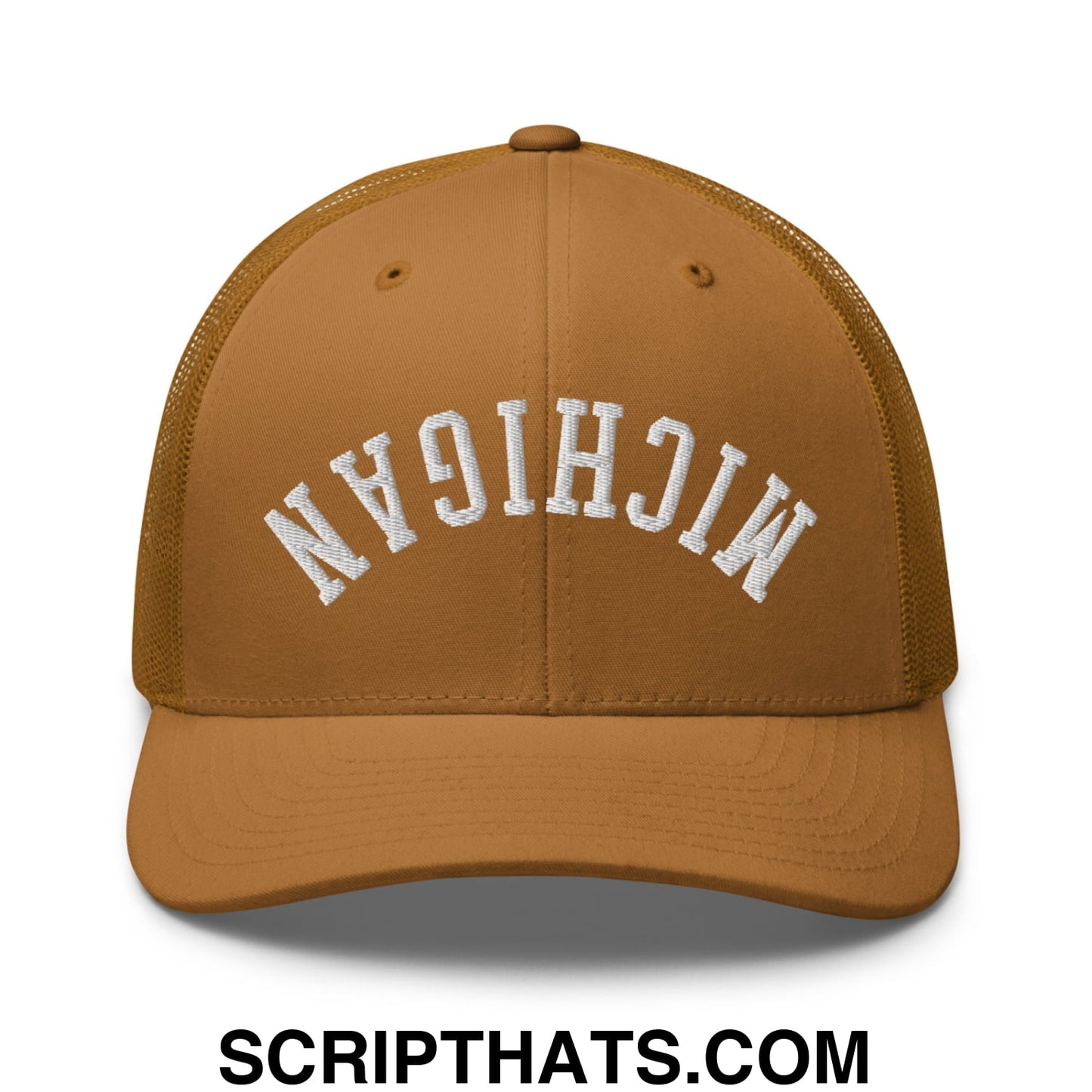 Upside Down Michigan Embroidered Mesh Trucker Hat Caramel