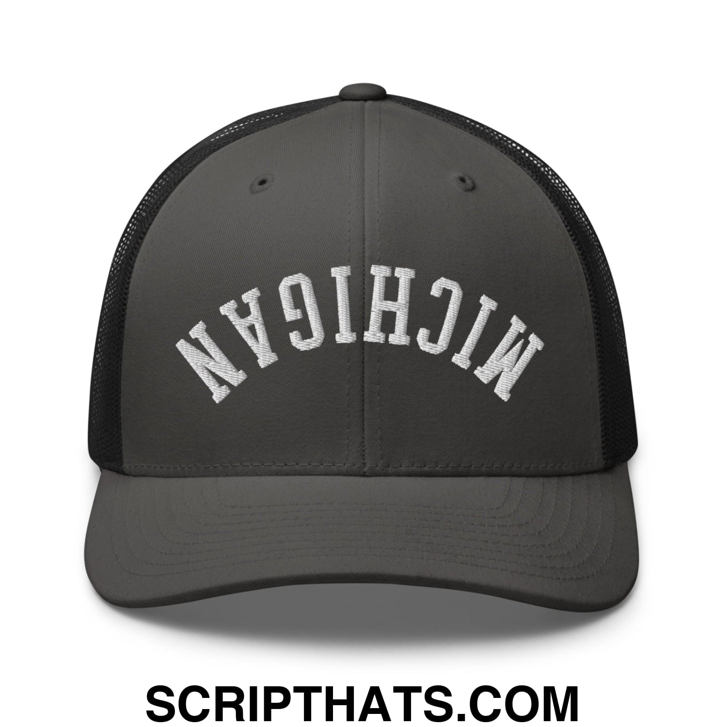 Upside Down Michigan Embroidered Mesh Trucker Hat Charcoal Black