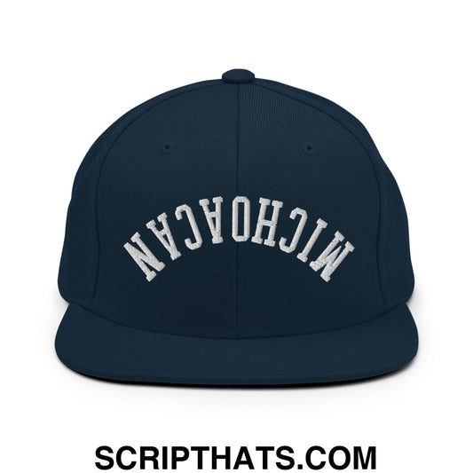 Navy blue snapback cap with white embroidered michigan lettering in arched design flat bill brim hat