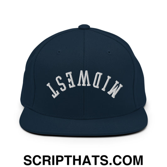 Upside Down Midwest Embroidered Flat Bill Brim Snapback Hat Dark Navy