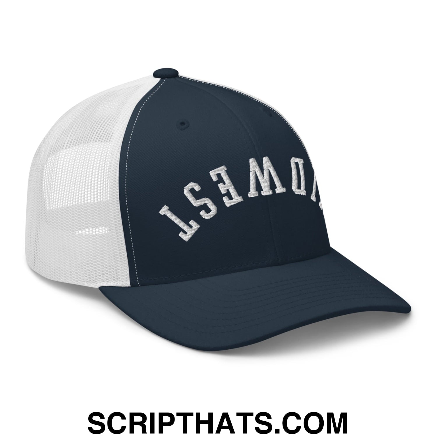Upside Down Midwest Embroidered Mesh Trucker Hat Navy White