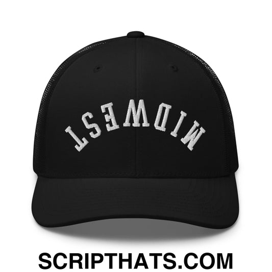 Upside Down Midwest Embroidered Mesh Trucker Hat Black