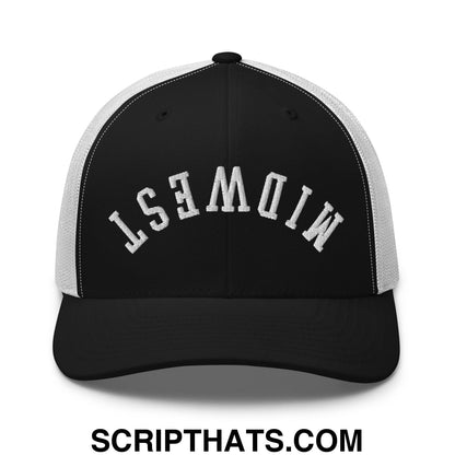 Upside Down Midwest Embroidered Mesh Trucker Hat Black White