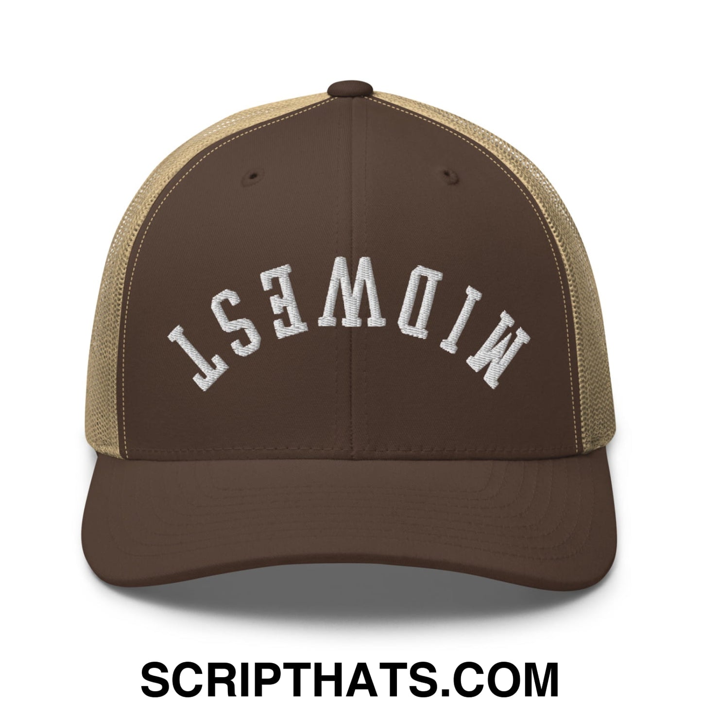 Upside Down Midwest Embroidered Mesh Trucker Hat Brown Khaki