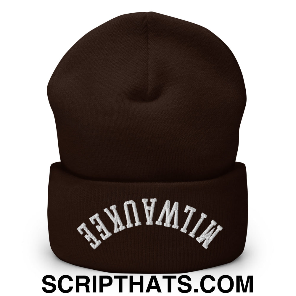 Upside Down Milwaukee Embroidered Cuffed Knit Beanie Brown