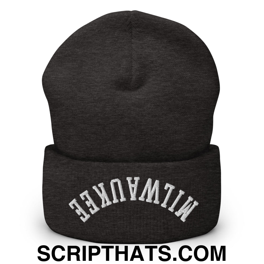 Upside Down Milwaukee Embroidered Cuffed Knit Beanie Dark Grey