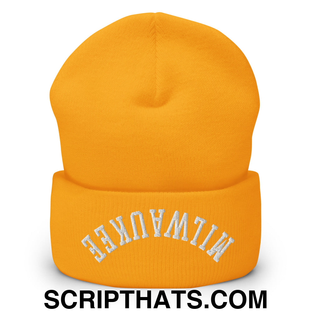 Upside Down Milwaukee Embroidered Cuffed Knit Beanie Gold